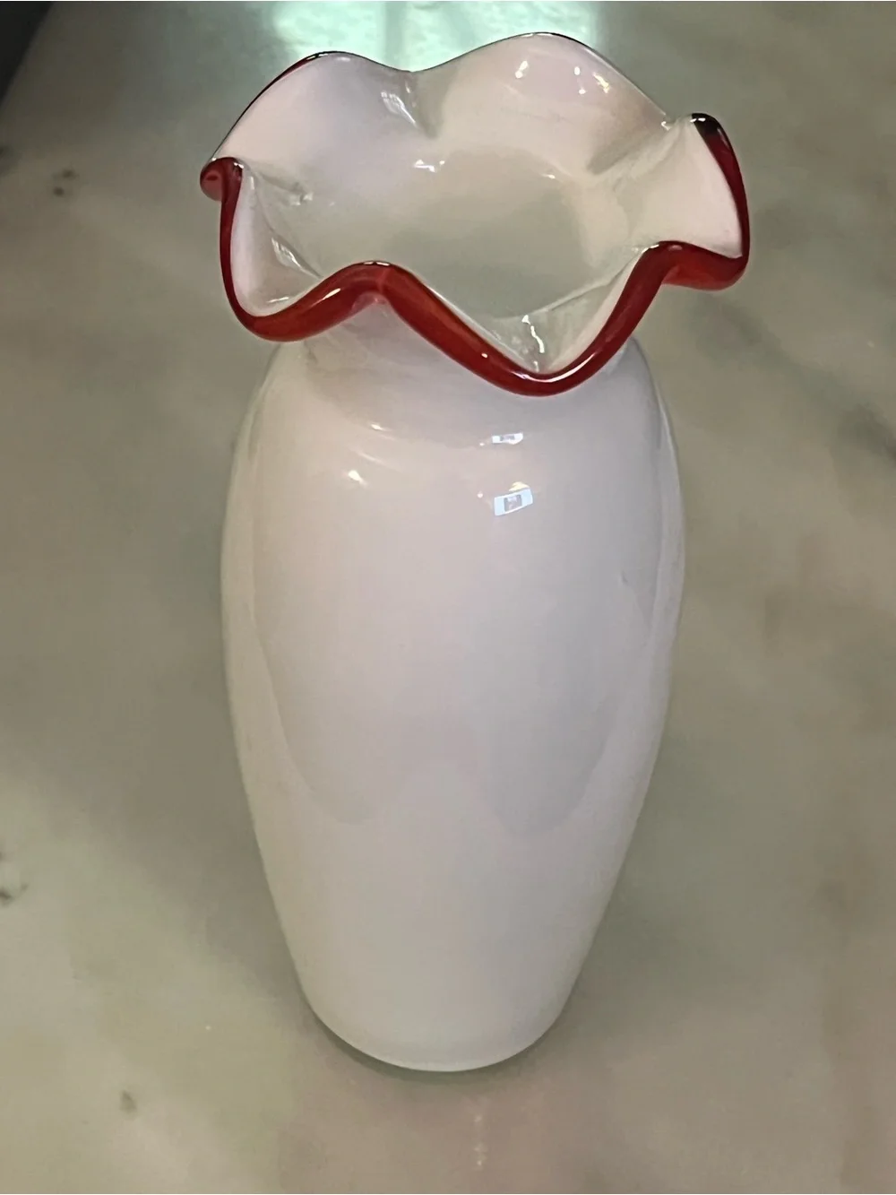 Glossy White Glass Vase with Red Ruffle Rim